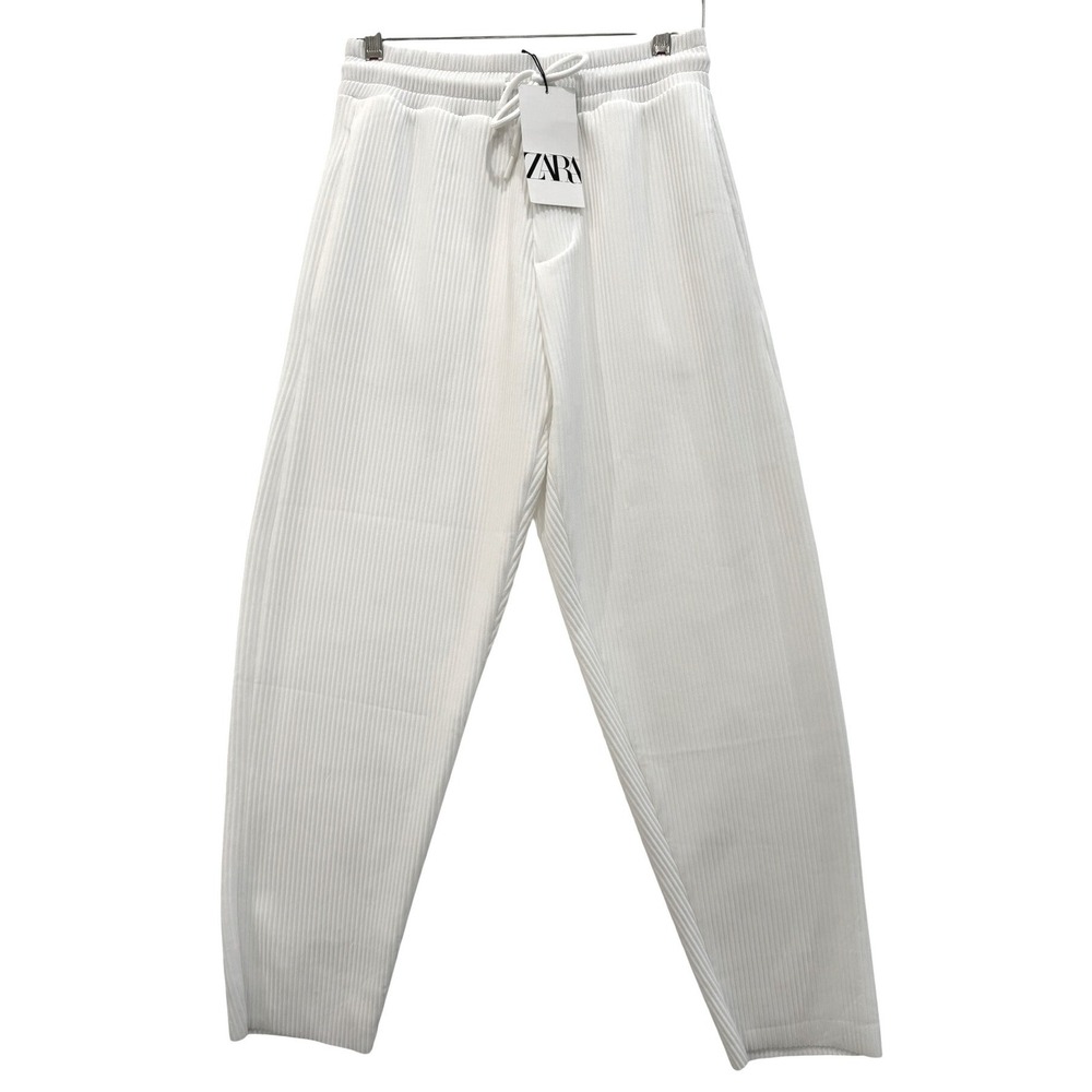 Zara Womens White Ribbed Jogger Lounge Pants High Waist Drawstring Size S NEW